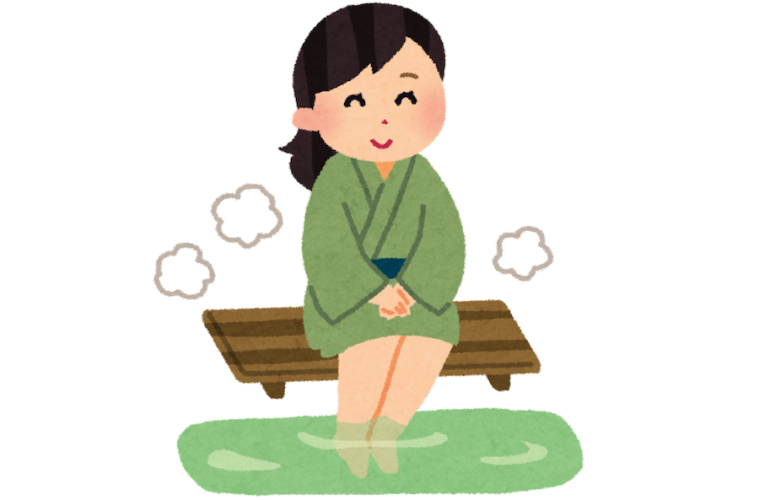 浴衣を着た女性が、気持ちよさそうに温泉街の足湯に浸かっているイラスト
