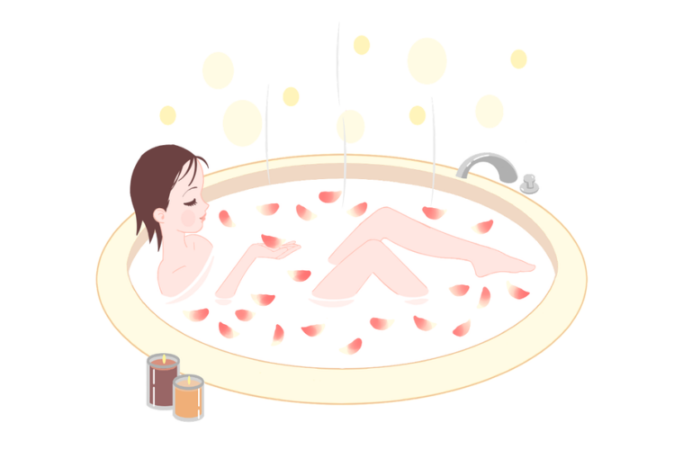 アロマキャンドルを置いた浴室でくつろぐ女性のイラスト
